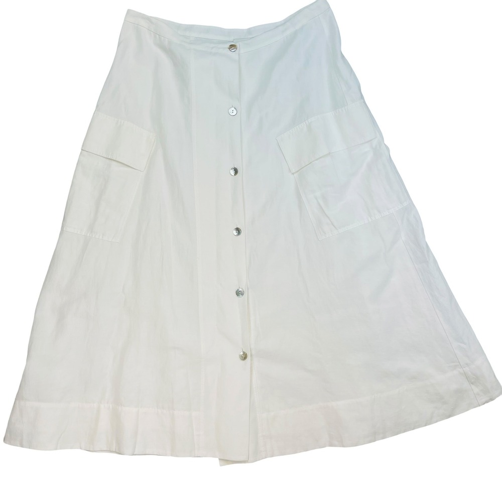 Vince Cream Cotton Linen Blend Button Front‎ Midi A-Line Skirt with Pockets 14